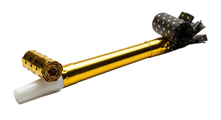Golden party horn with black and gold polka dots perfect for new year's eve celebrations and festive occasions on transparent background