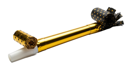 Golden party horn with black and gold polka dots perfect for new year's eve celebrations and festive occasions on transparent background