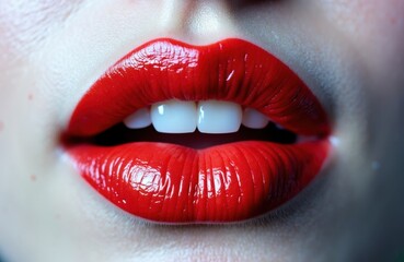 Obraz premium Red lips with glossy lipstick and slightly parted teeth expressing allure