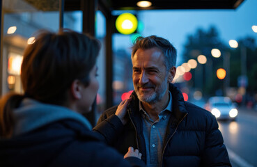 Man smiling at companion on an urban evening street with warm interaction