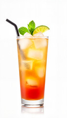 a tall glass of cocktail with ice cubes, cola, lime wedge, and mint sprig,