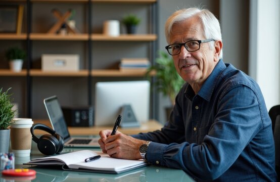 Man writing notes at a modern desk with laptop, headphones, and coffee