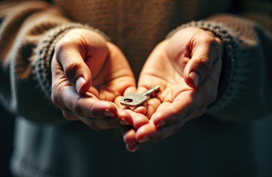 Hands holding a metal key cupped gently in warm light conveying trust and care