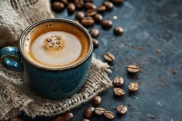 Hot creamy coffee resting on burlap cloth high resolution picture