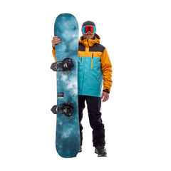 Snowboarder in Vibrant Winter Gear Poses With Snowboard on a Snowy Mountain Slope During Bright Daylight