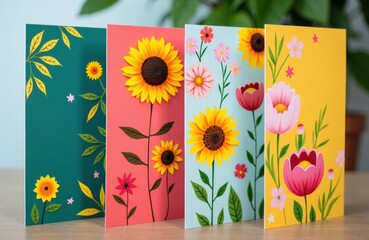 Naklejka premium Colorful floral greeting cards displayed standing in a row on wooden table surface