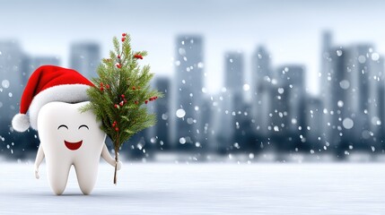 Happy tooth character celebrates winter by holding a festive tree with city skyline in the background during a snowy afternoon