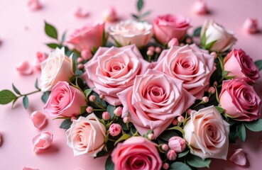Fototapeta premium Pink roses arranged in romantic bouquet with scattered petals on pink background