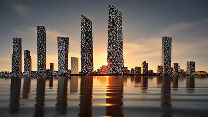 Futuristic Cityscape Reflection on Water at Sunset - Abstract Urban Design - Powered by Adobe