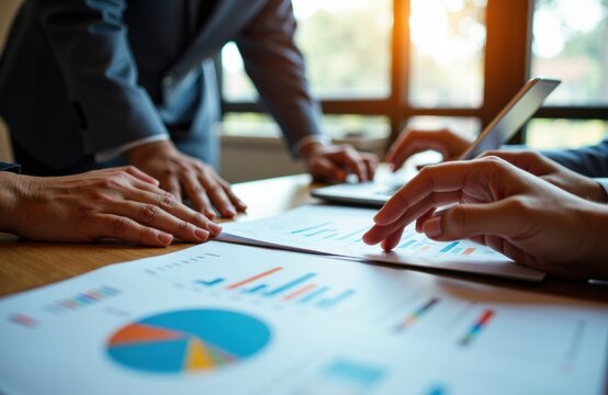 Business meeting reviewing financial charts and reports around a wooden table - Powered by Adobe