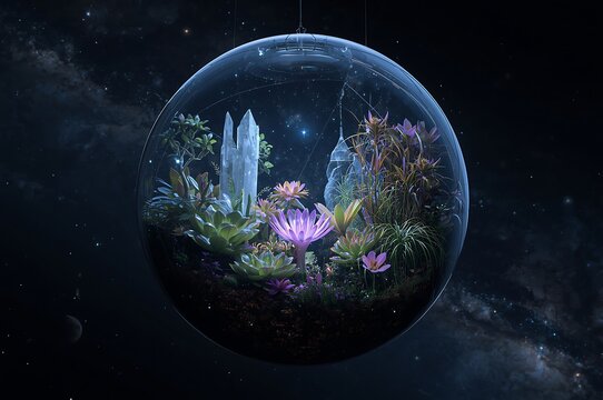 Enchanting bioluminescent alien coral reef ecosystem suspended within a glowing orb in deep space