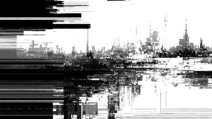 Fototapeta premium Abstract digital glitch city landscape with fragmented black and white forms Vector, illustration