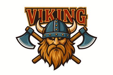 Intense viking warrior mascot logo with crossed axes for sports team branding and fearless gaming clan identity today now