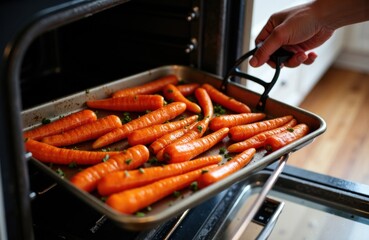Tray of glazed roasted carrots being placed into a home oven for family dinner