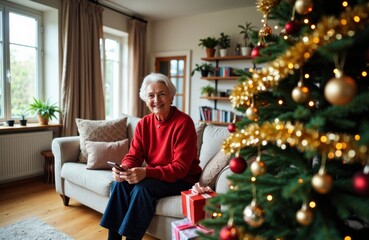 Elderly woman in red sweater sitting by Christmas tree with wrapped gifts
