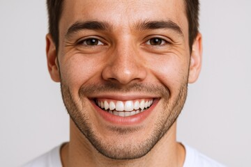 Obraz premium Close-Up Portrait of a Smiling Young Man with Perfect Teeth Against a Neutral Background
