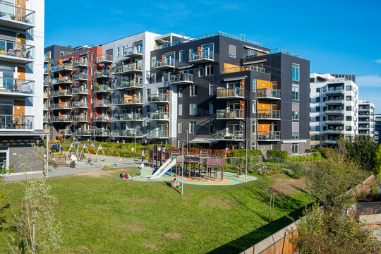 Contemporary housing and architecture presented in a wide angle urban setting enriched by green areas throughout the loren district of Oslo, Norway&rsquo;s modern development