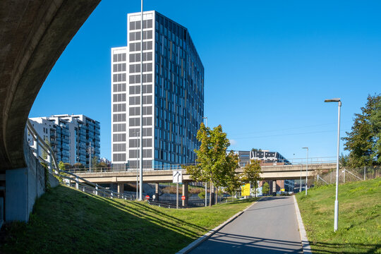 Contemporary architecture and wide angle views of urban housing in the loren district of Oslo, Norway, showcasing green areas and development for modern living