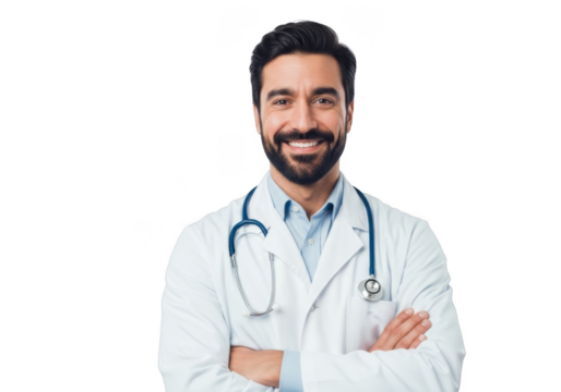 Smiling doctor wearing lab coat and stethoscope isolated on transparent background - Powered by Adobe
