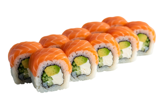 Fresh salmon avocado cream cheese sushi rolls arranged in a row