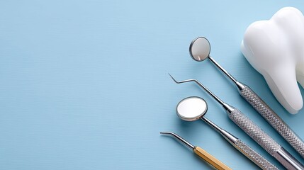 Dental tools arranged neatly on a light blue background for an oral hygiene routine or dental checkup preparation