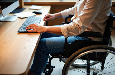Obraz premium Woman in wheelchair typing on keyboard at office desk with focused posture