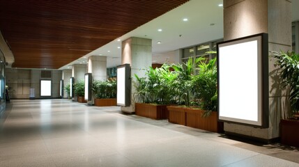 Fototapeta premium Modern Interior with Blank Advertising Displays and Greenery, Ideal for Mockups and Promotional Content