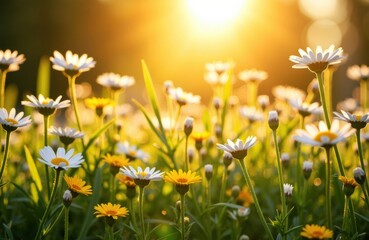 Obraz premium Wildflowers and daisies glowing in warm backlight at golden hour meadow