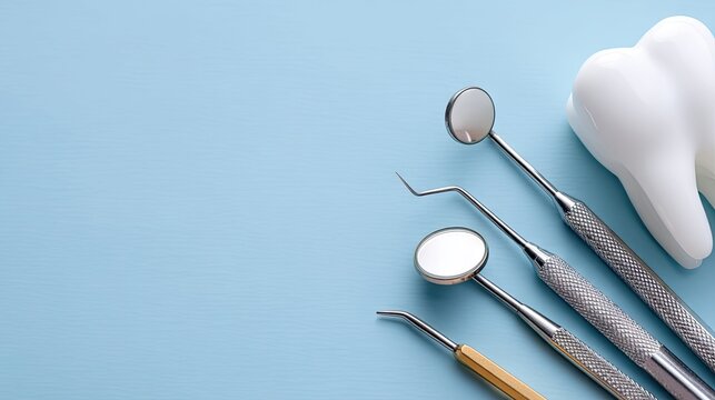 Dental tools arranged neatly on a light blue background for an oral hygiene routine or dental checkup preparation