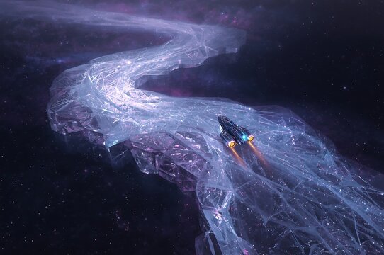 A lone spacecraft navigates a luminous cosmic river of stardust and nebulae in the vastness of space