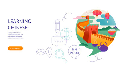 Obraz premium Chinese Language learning, concept design. Travel, tourism illustration of China. Speech bubble with image of China inside