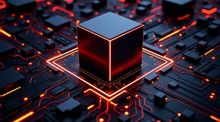 Glowing black cube with red neon edges sits on futuristic circuit board, creating high tech and intense digital atmosphere
