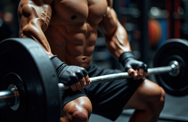 Naklejka premium Man lifting heavy barbell seated in gym showing muscular torso and arms