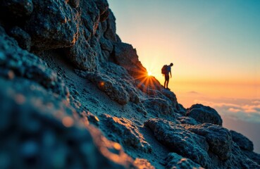 Hiker on rocky mountain ridge at sunrise with golden sun flare over clouds
