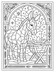 Stained glass style Donkey and manger nativity scene coloring page black and white outline style