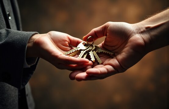 Hands exchanging a set of brass keys in warm light symbolizing transfer of ownership - Powered by Adobe