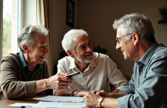 Three elderly men discussing finances and paperwork together at a dining table