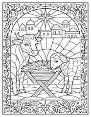 Christmas nativity coloring page with animals, star, and bethlehem scene