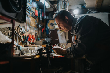A focused technician works at a crowded workbench, soldering components amid organized tools and cables.
