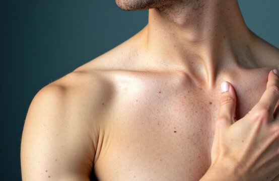 Male torso with hand touching collarbone and visible skin texture and freckles