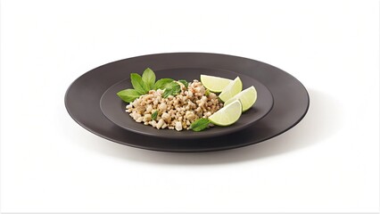Delicious Lao-style minced meat salad with fresh herbs and lime wedges, a vibrant and flavorful dish