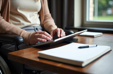 Woman using tablet in wheelchair at wooden desk with notebook and pen nearby