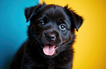 Black puppy portrait with playful expression against blue and yellow background