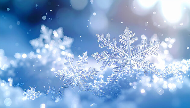 Frozen Elegance: Macro shot of delicate snowflakes glistening in the winter light, embodying the fragile beauty and intricate patterns of nature's icy art.