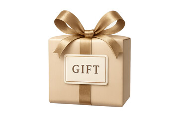 Beige gift box wrapped with gold ribbon and bow, tag reads GIFT