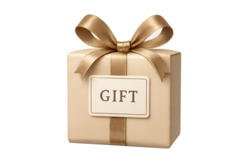 Beige gift box wrapped with gold ribbon and bow, tag reads GIFT