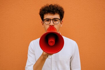 Young man shouting through a red megaphone against a vibrant orange background delivering a powerful message