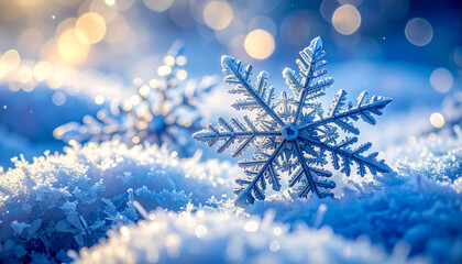 Snow Crystals in the Winter Landscape: Capturing the beauty of intricate snowflakes resting on a snow-covered surface. Evoking the serenity of winter and the intricate beauty of these natural wonders.