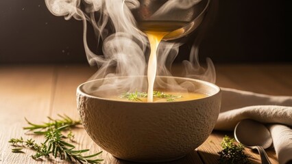 Hot steaming soup being poured into a rustic bowl on a wooden table with herbs