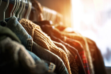 Second hand clothes swap event featuring various jackets and sweaters on hangers in warm sunlight, promoting sustainable fashion and eco friendly lifestyle choices